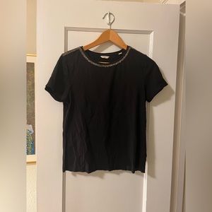 Short Sleeve Dark Blue Top with Beaded Collar